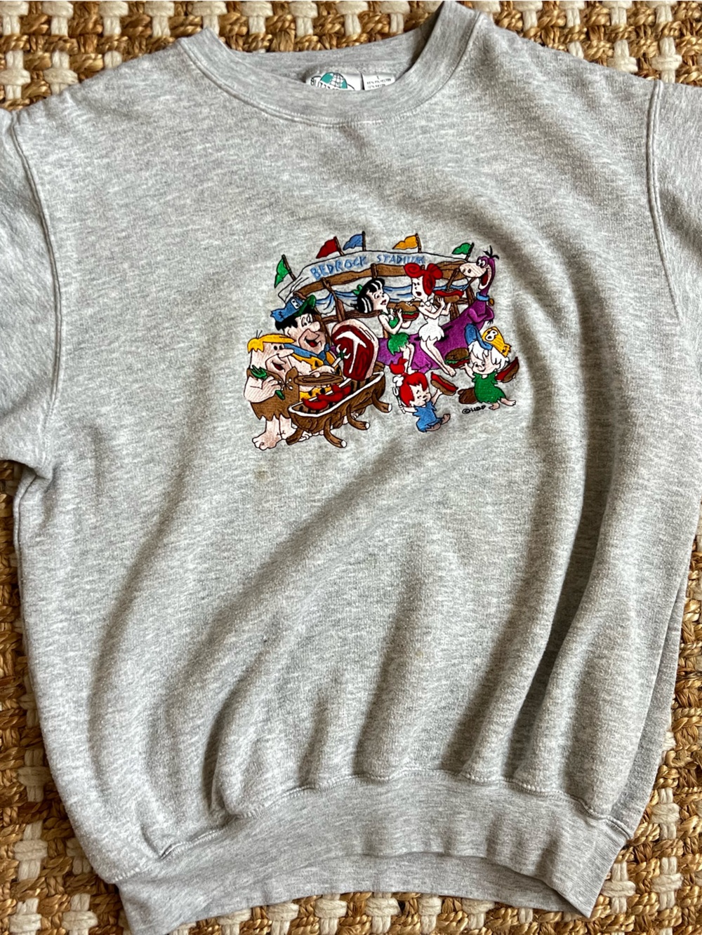 Vintage Gray Graphic Crewneck Sweatshirt with Flinstones Embroidery